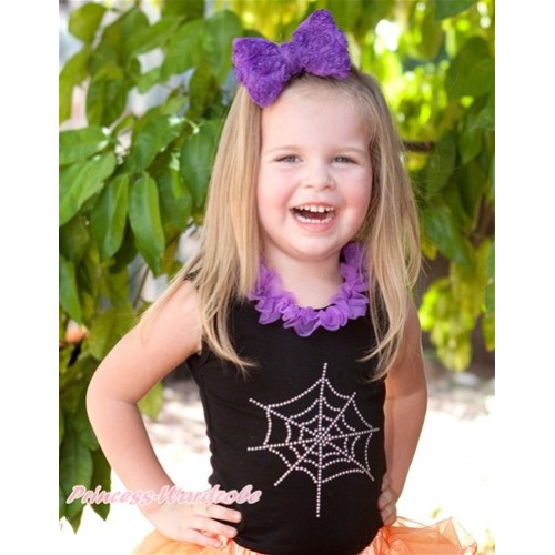 Halloween Black Tank Top With Dark Purple Chiffon Lacing With Sparkle Crystal Glitter Spider Web Print TB482 